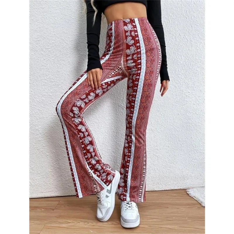 Patterned flared pants in shades of red and white with a bohemian print design.