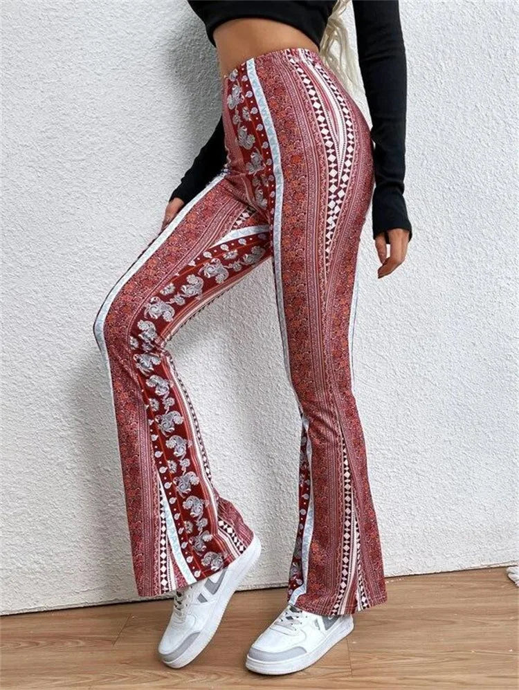 Patterned flared pants in shades of red and white with intricate designs.