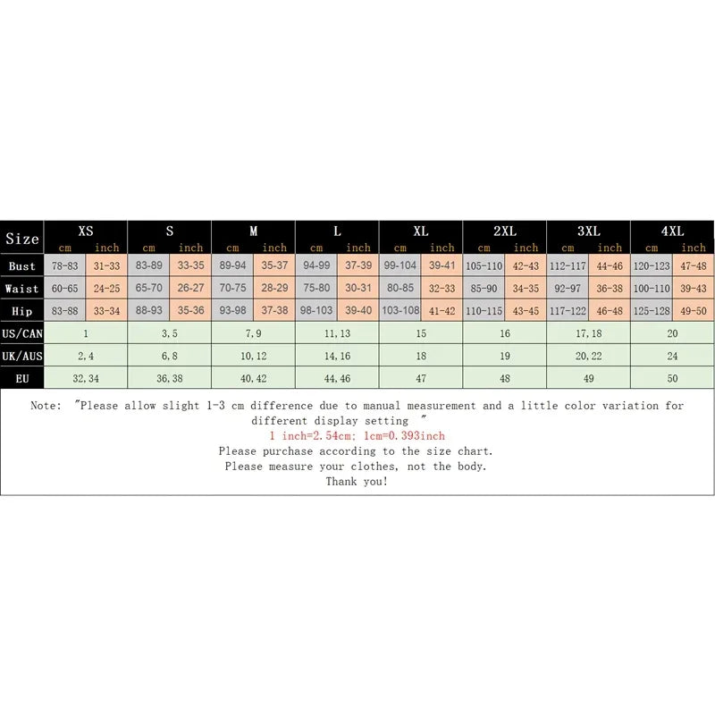 Size chart for clothing measurements, ranging from XS to 4XL.