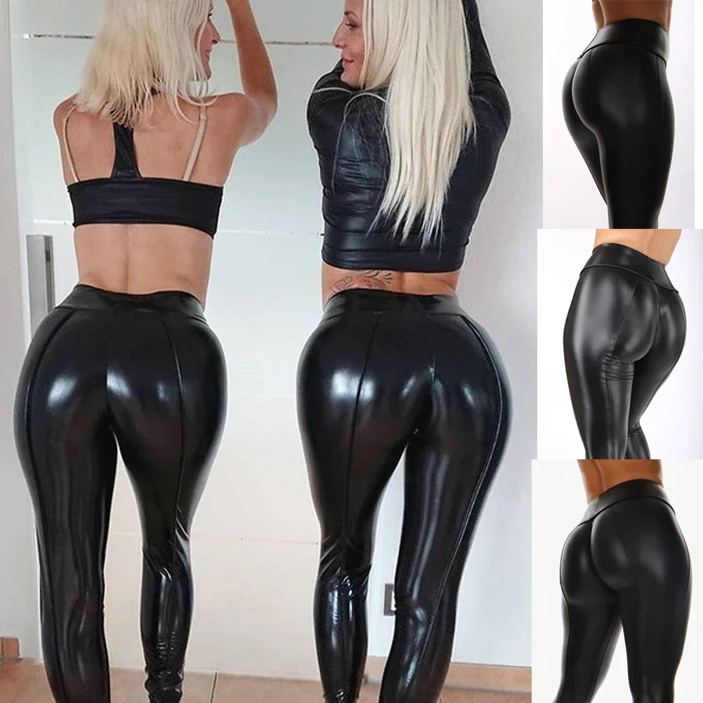 Shiny black leather or latex leggings accentuating the wearer’s curves.