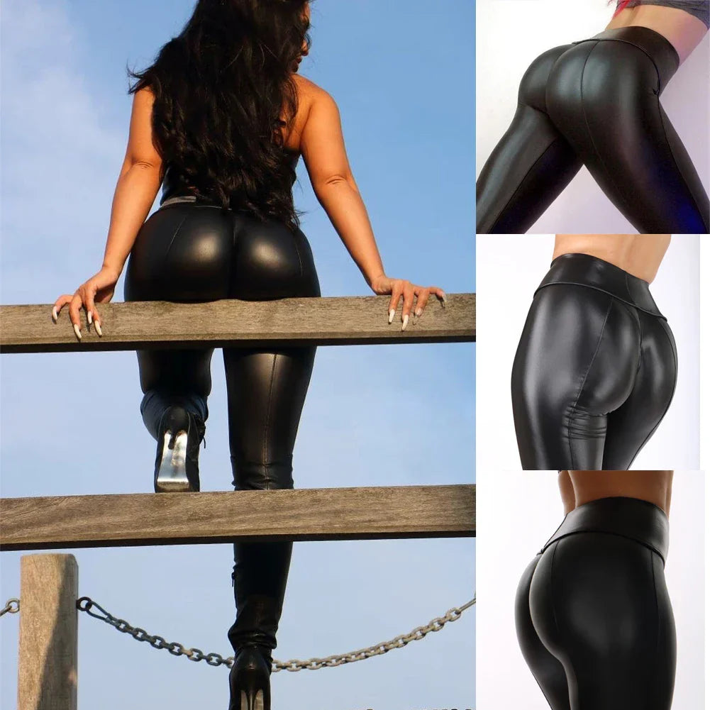 Shiny black leather or faux leather leggings accentuating the wearer’s curves.