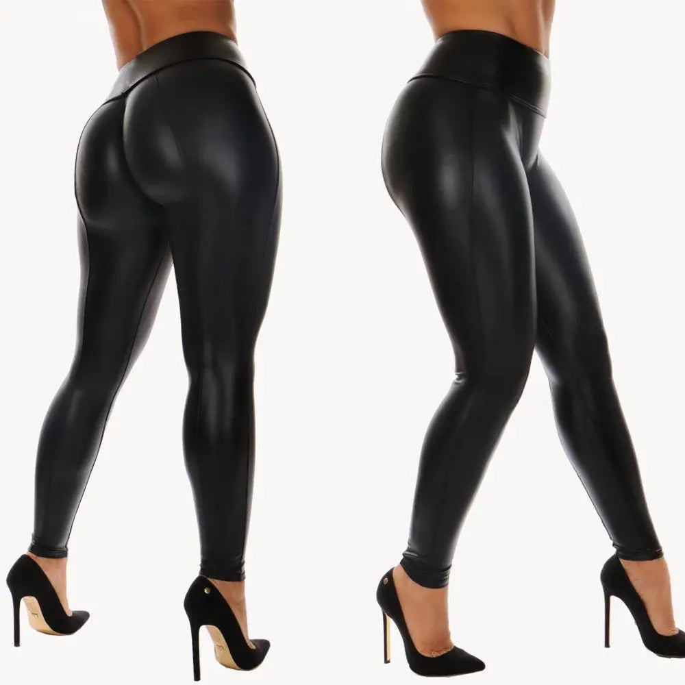 Shiny black leggings or tight pants worn with high heels.