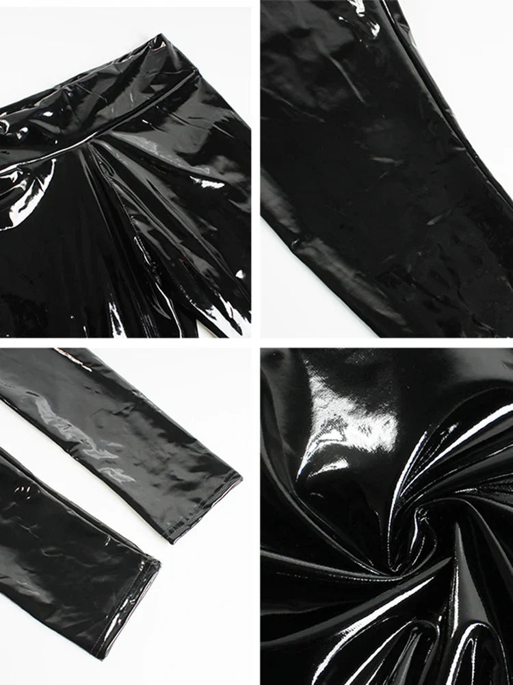 Shiny black latex or PVC fabric shown in close-up detail shots.