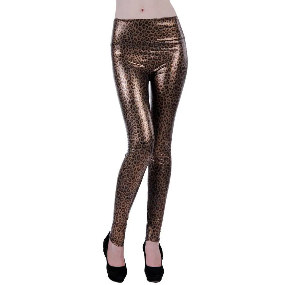 Leopard print leggings or tights worn with black high heels.