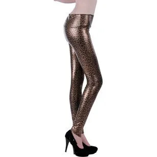 Metallic leopard-print leggings worn with black high heels.