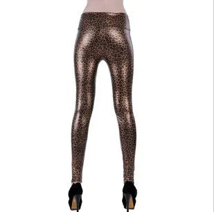 Metallic leopard-print leggings with black high heels.