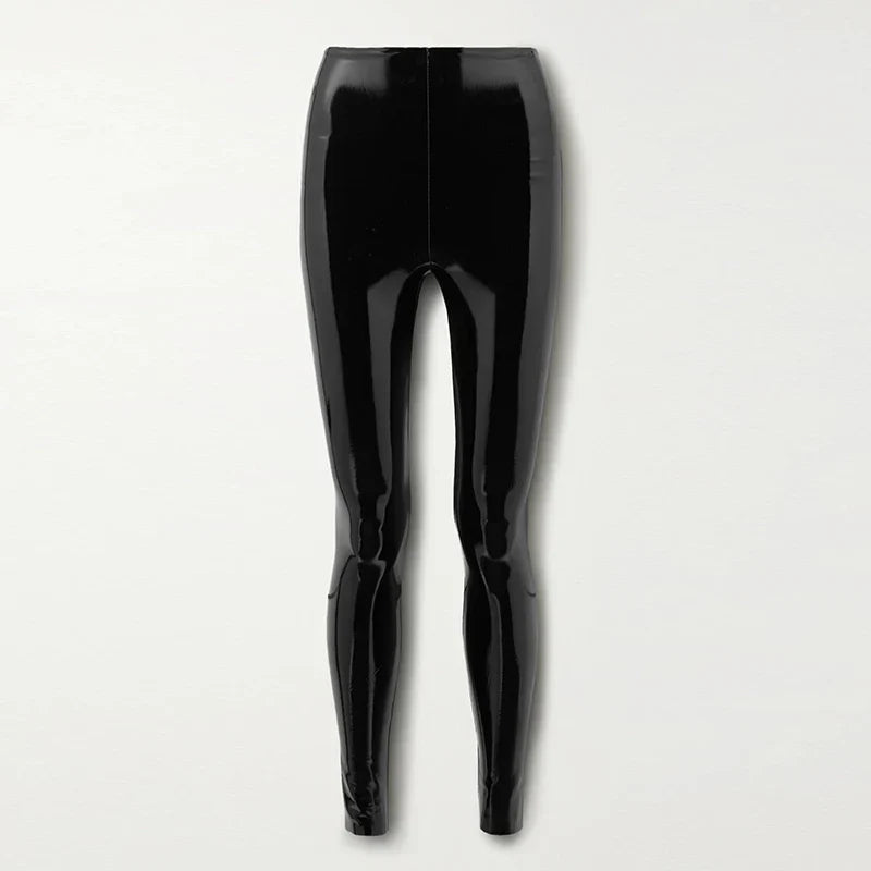 Shiny black latex or vinyl leggings.