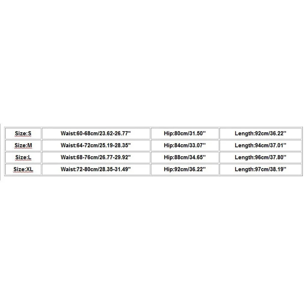 Size chart for clothing showing measurements for waist, hip, and length across sizes S, M, L, and XL.