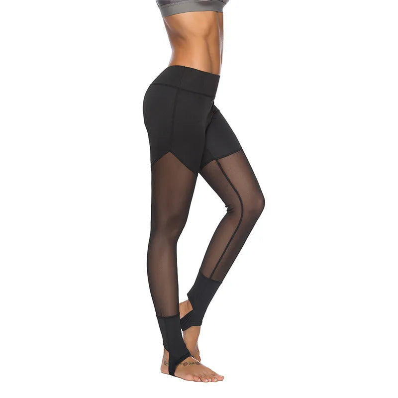 Black athletic leggings with sheer mesh panels on the legs.