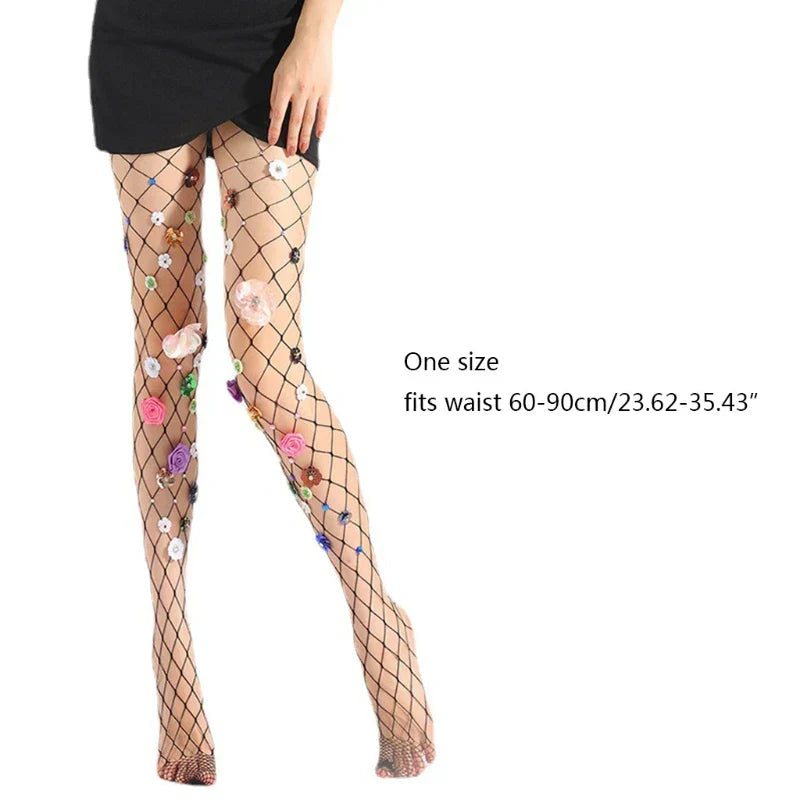 Fishnet stockings with colorful floral embellishments.