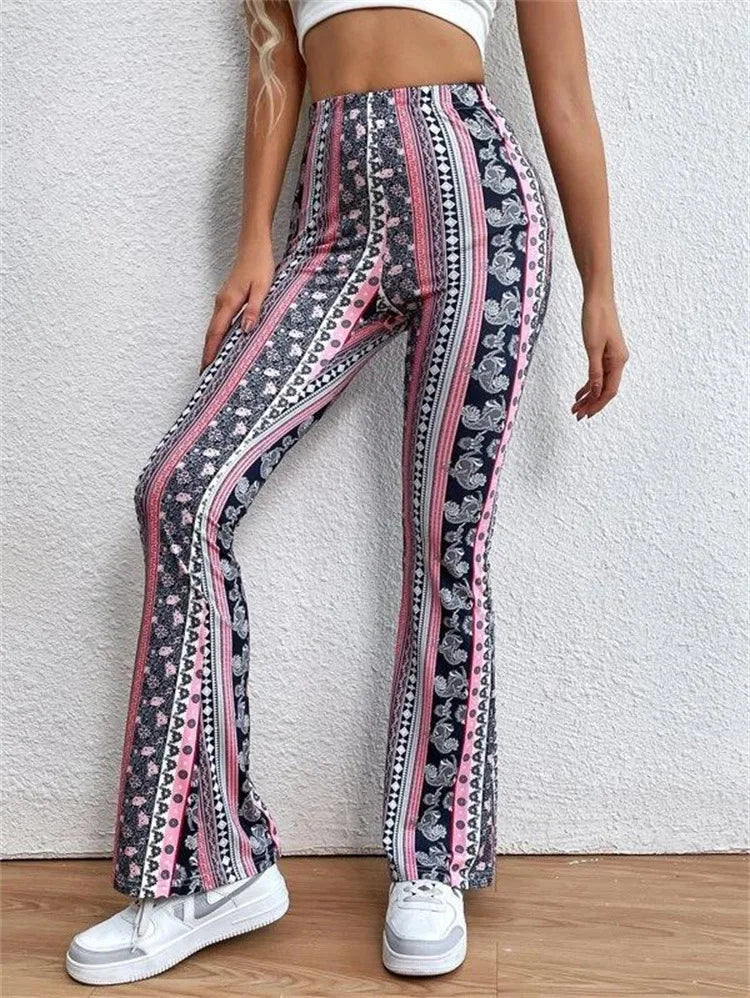 Patterned flare pants with vertical stripes and floral designs in pink, gray, and white.