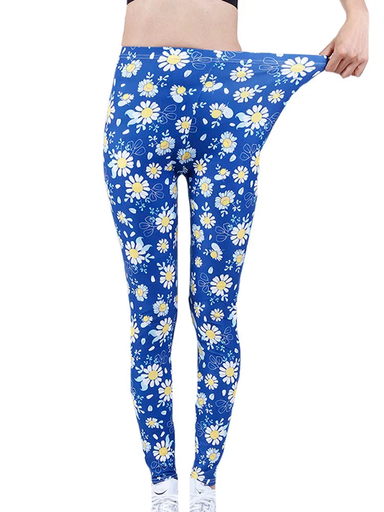 Flower Print Leggings - Sapphire Sun Flower / M