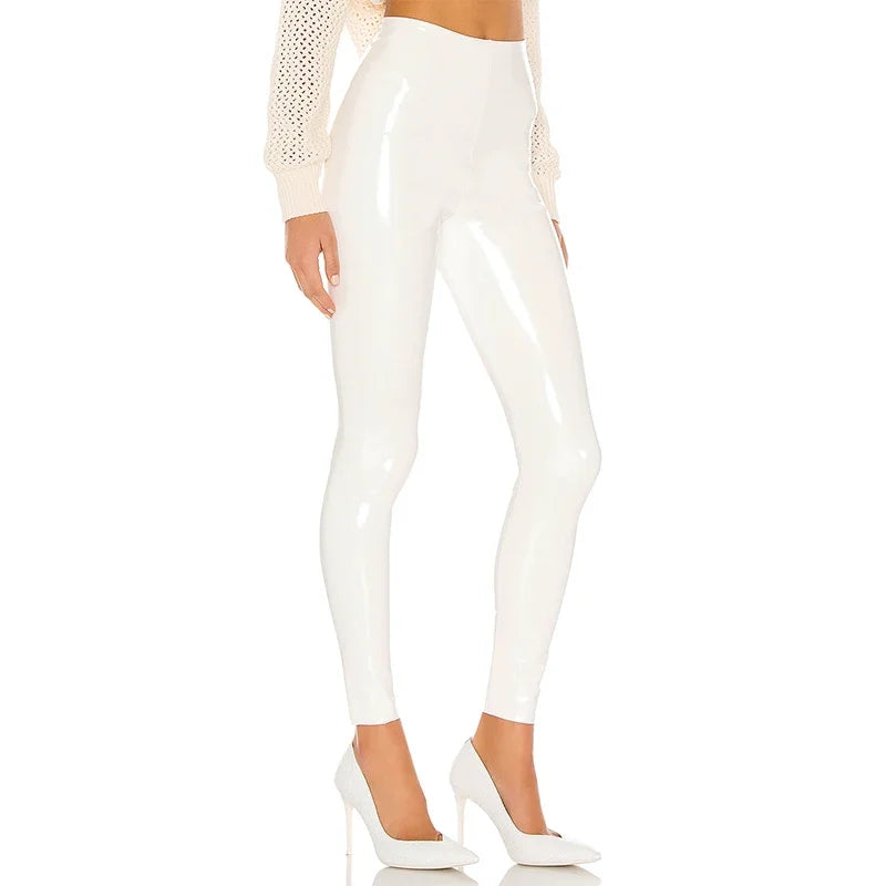 Latex High Waist Leggings - WHITE / M