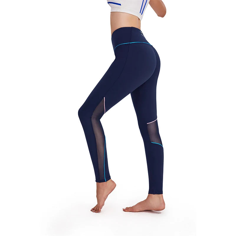 Navy blue athletic leggings with mesh inserts and light blue trim.