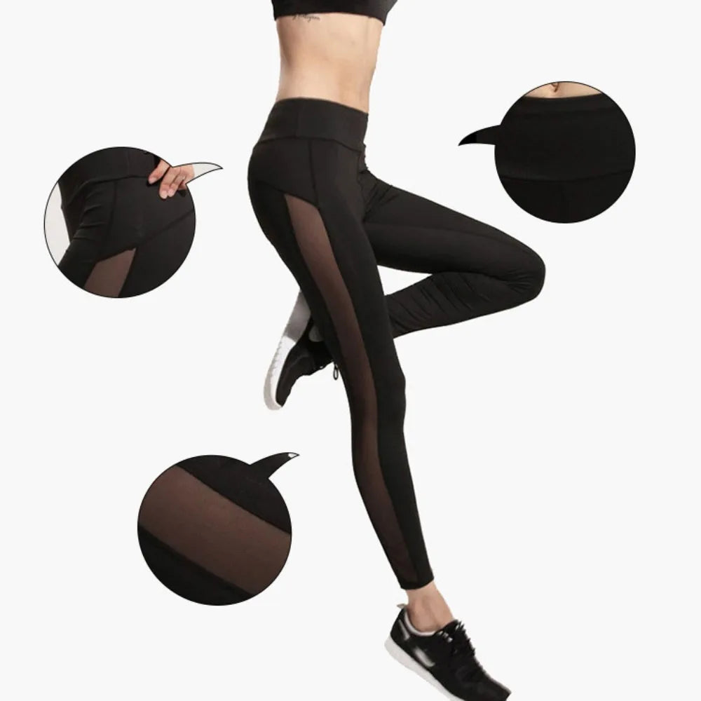 Black athletic leggings with sheer mesh panels along the sides.