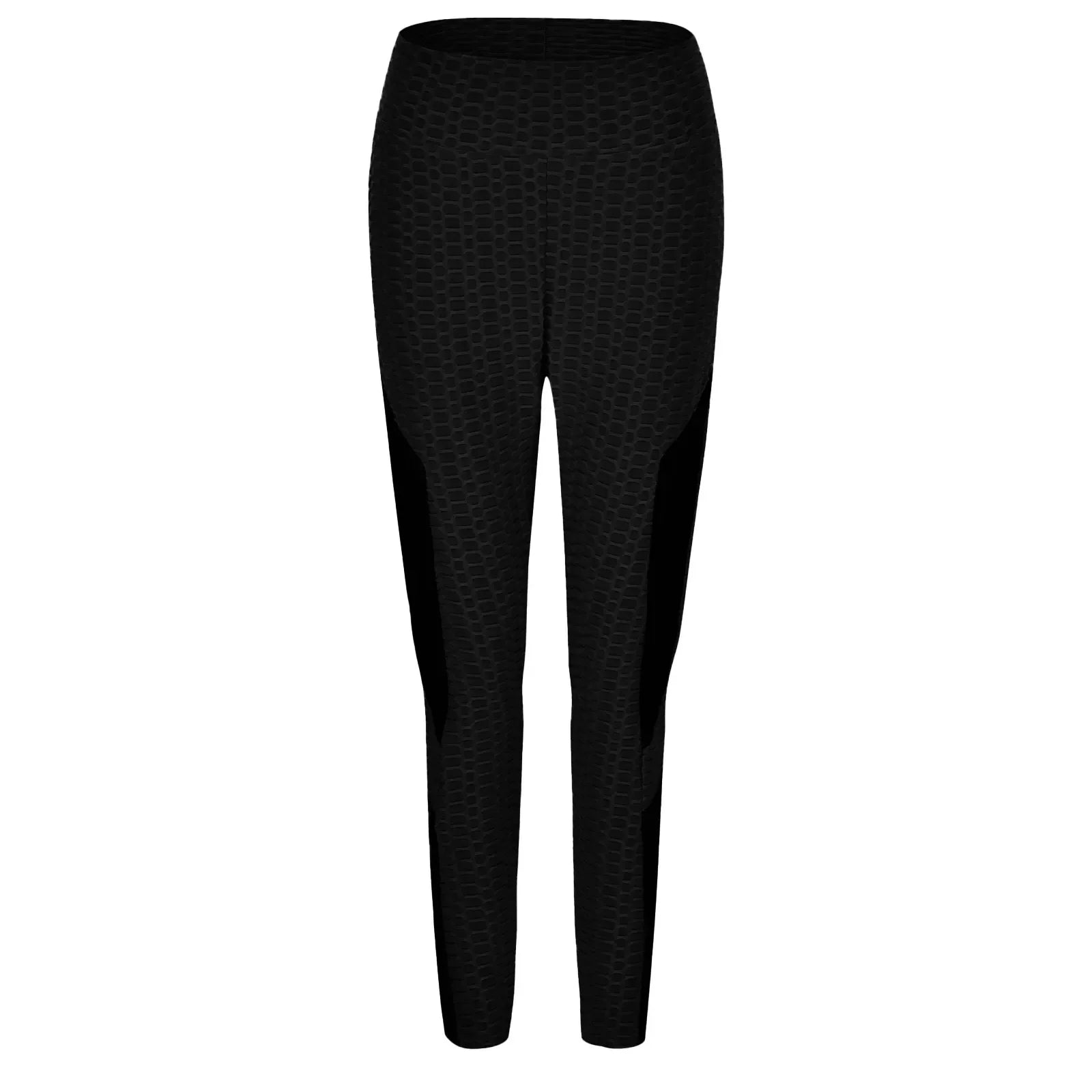 Black textured leggings or tight-fitting pants.