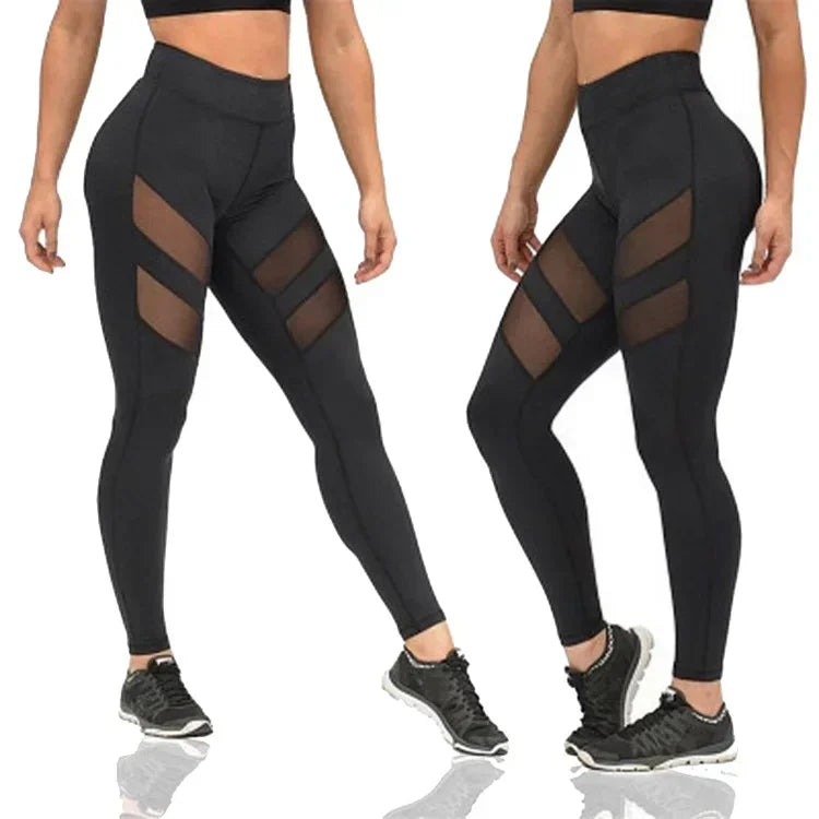 Black athletic leggings with sheer mesh panels on the thighs.