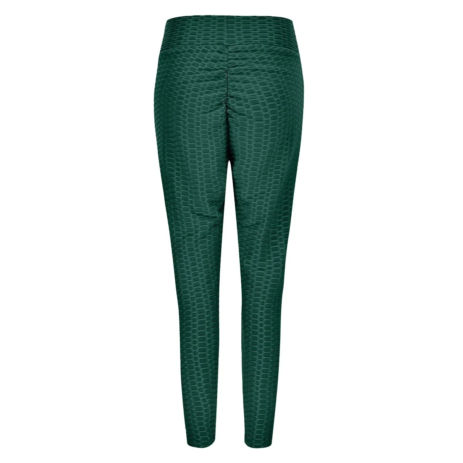 Dark green textured leggings or tight-fitting pants with a subtle pattern.