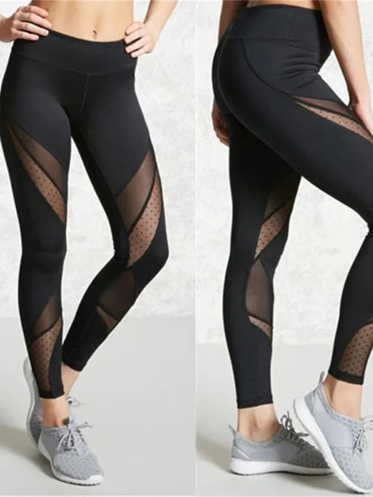 Black athletic leggings with sheer mesh and polka dot panels.