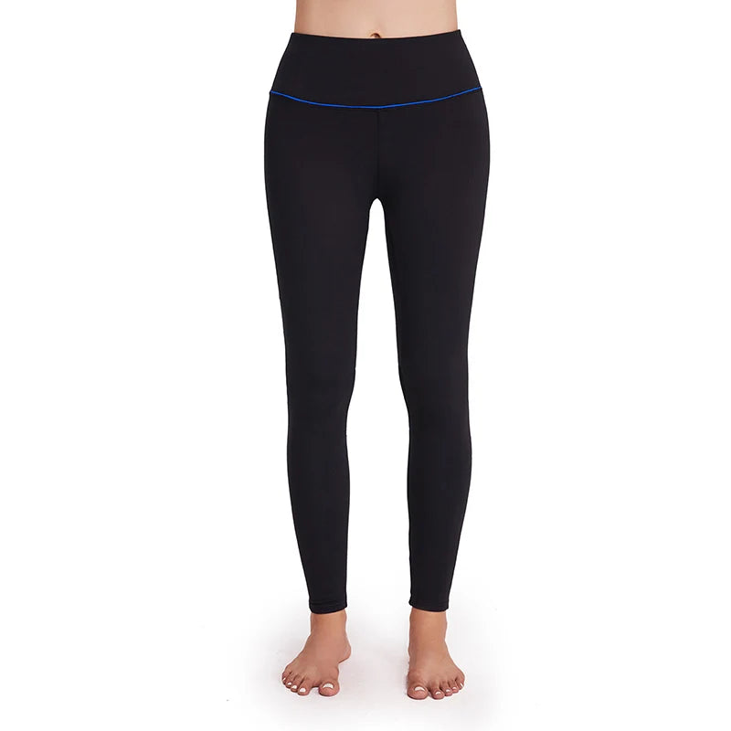 Black athletic leggings with a thin blue stripe at the waistband.