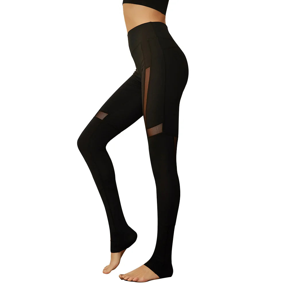 Black athletic leggings with mesh inserts and a high waistband.