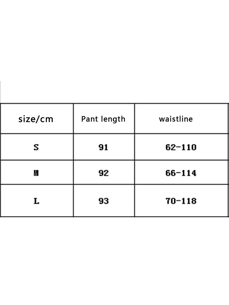 Size chart for pants showing measurements for small, medium, and large sizes.