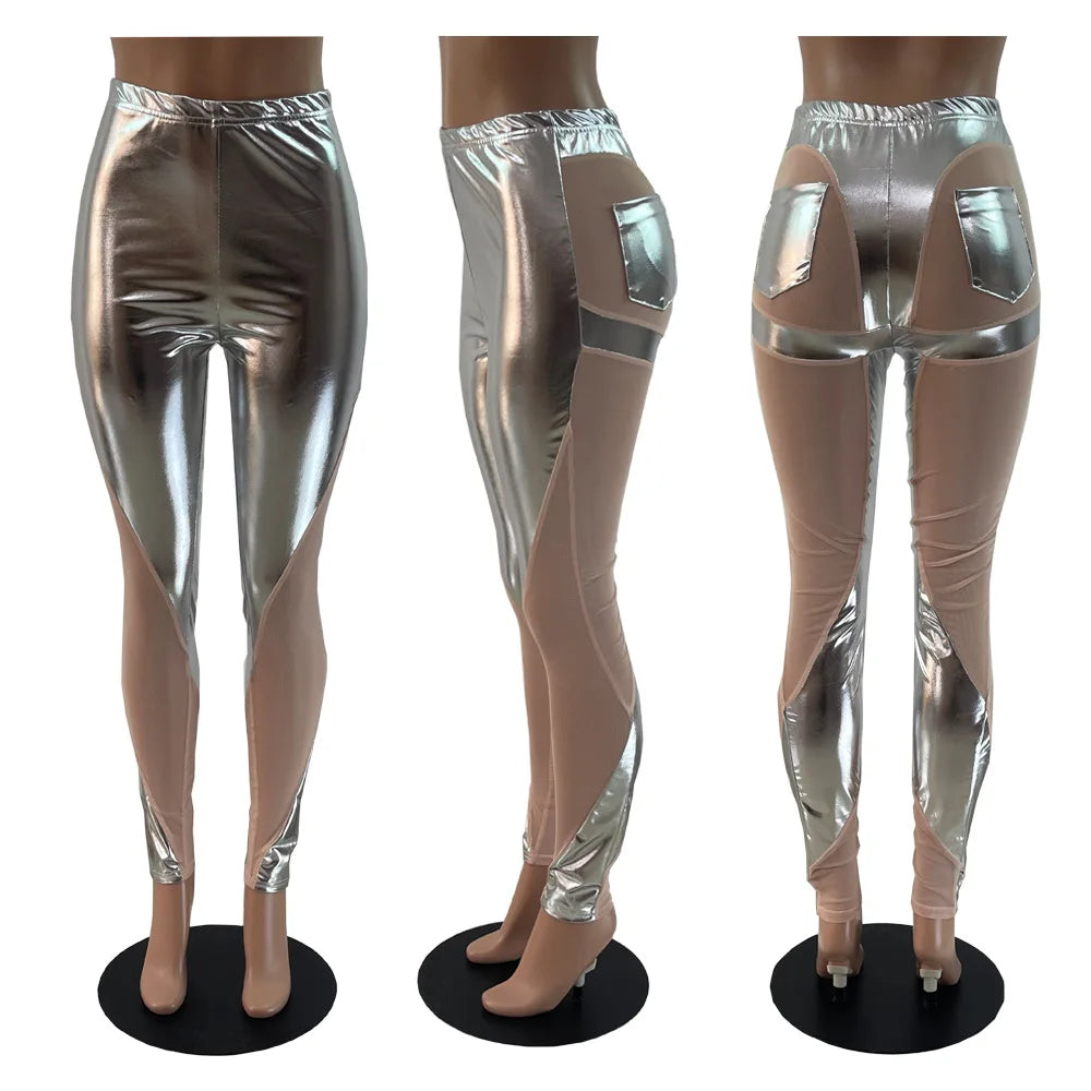 Metallic silver and nude-colored leggings or pants with cutout designs shown from three angles.