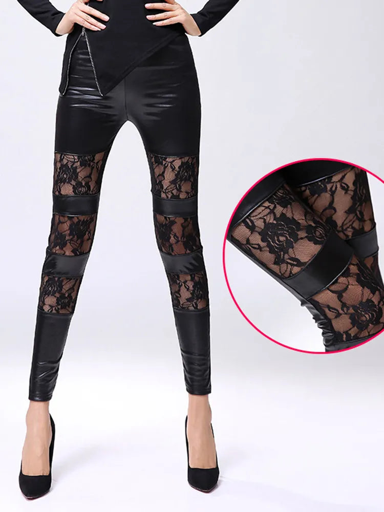 Black leggings with alternating panels of leather-look material and sheer lace.