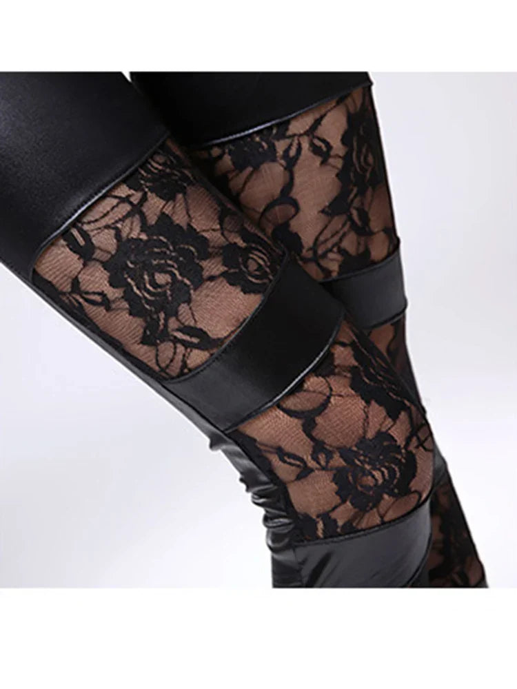 Black leather and lace leggings with floral pattern cutouts.