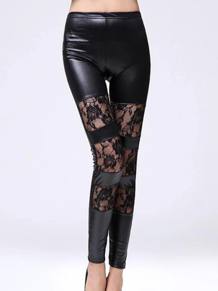 Black faux leather leggings with lace panel inserts.