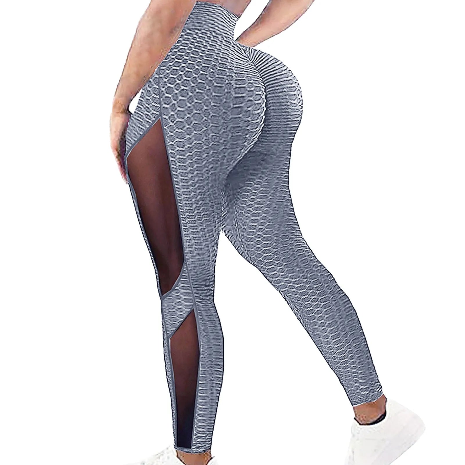 Textured gray leggings with sheer mesh panels on the sides.