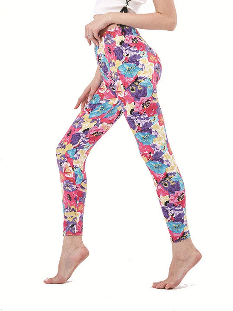 Pink Floral Leggings - Colorful flowers / L