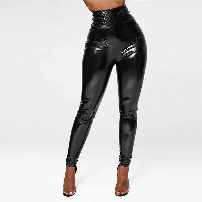 Shiny black high-waisted leather-look leggings or pants.