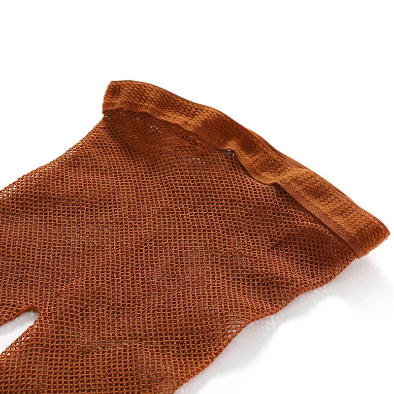 Brown leather or suede glove with a textured, mesh-like surface.