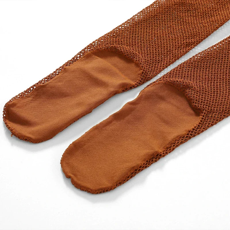 Pair of brown mesh stockings or tights with solid toe sections.