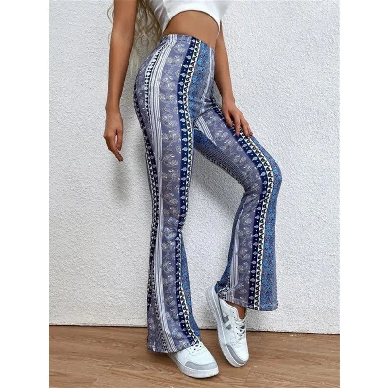 Patterned flared pants with a blue and white bohemian print design.